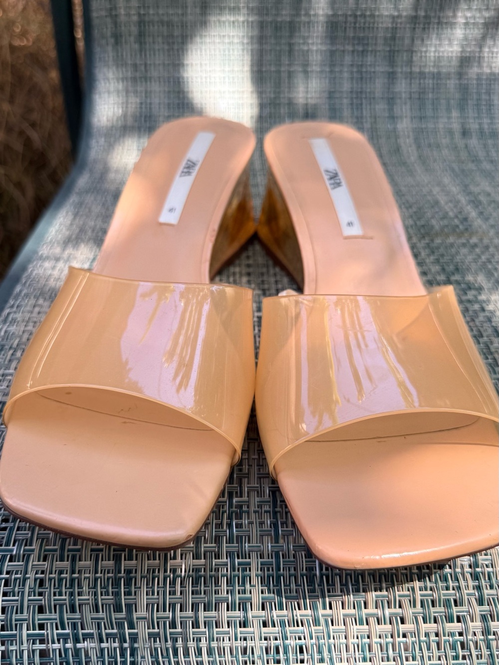 Zara Patent Slide Mules in Peach Nude